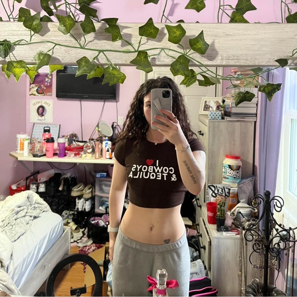 Brown “I ❤️ cowboys & tequila” Graphic Crop Top